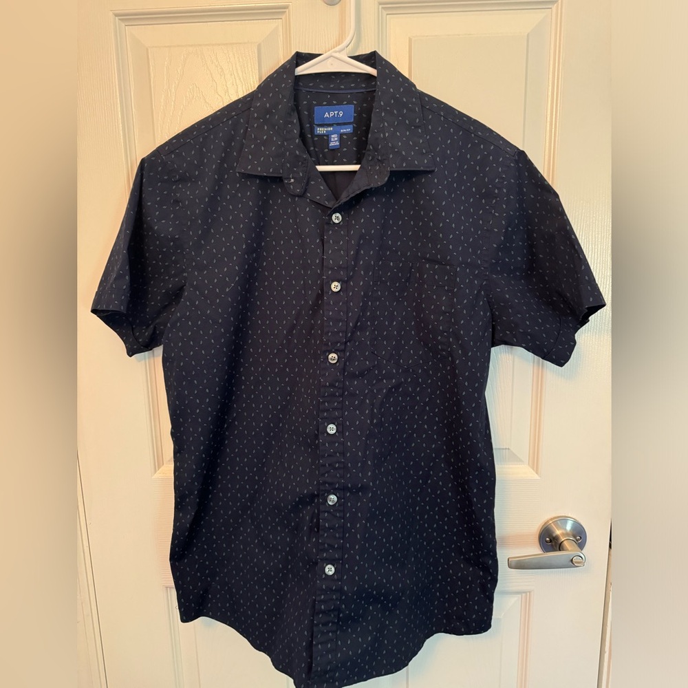 Apt. 9 Men’s Button Down Shirt, Short Sleeve, Navy, Leaf Pattern